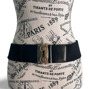 Y2K Mexx Wide Black Elastic Belt Leather Trim Silver Industrial Buckle